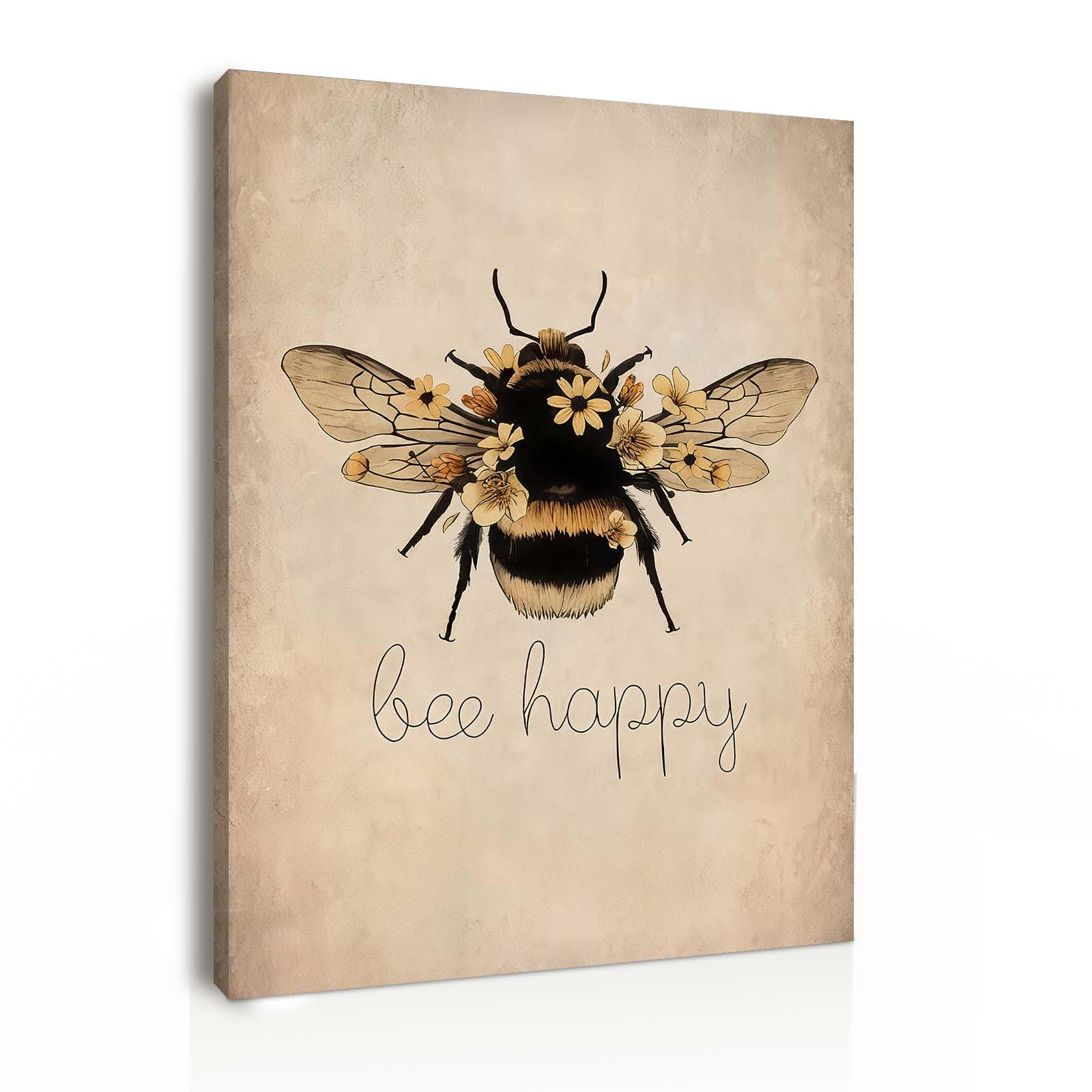 Framed Canvas Wall Art 12x16 Inch Bee Happy Inspirational Quote Artwork Rustic Bee Picture Modern Wall Canvas for Living Room Bedroom Hallway and Stairs Wall Decoration Prints with Hooks Magic Tape โ image 1