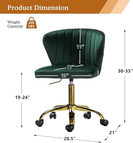 Miniatura 2 de TINA'S HOME Sillas de escritorio de oficina con ruedas y base dorada, moderna silla de oficina sin brazos de terciopelo, silla giratoria ajustable