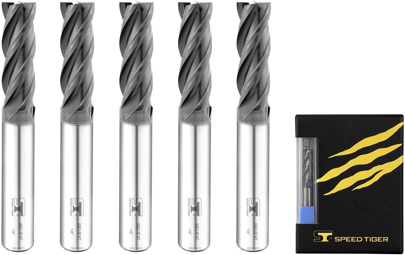 SPEED TIGER ISE Carbide End Mill 1/8” – 4 Flute, Square Nose, AlTiBN Coated, CNC Router Bit for Hardened Steel, Alloy Steel, Stainless Steel – Made in Taiwan, 5-Pack