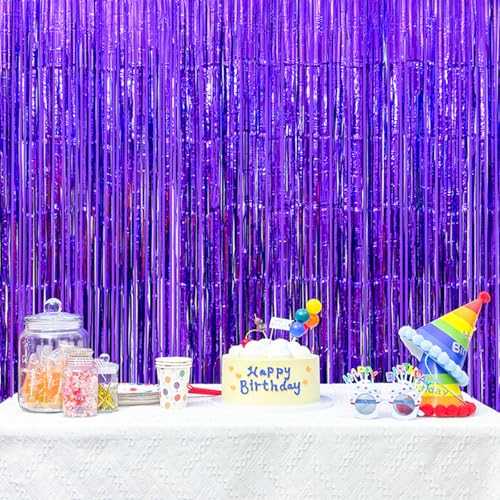 Image of 4 Pack Purple Foil Fringe Curtains, 13.2x6.6ft Streamers Backdrop for Birthday, Halloween, Graduation, Christmas, Bachelorette, Wedding, Witch Themed Party| Purple Streamers Party Decorations