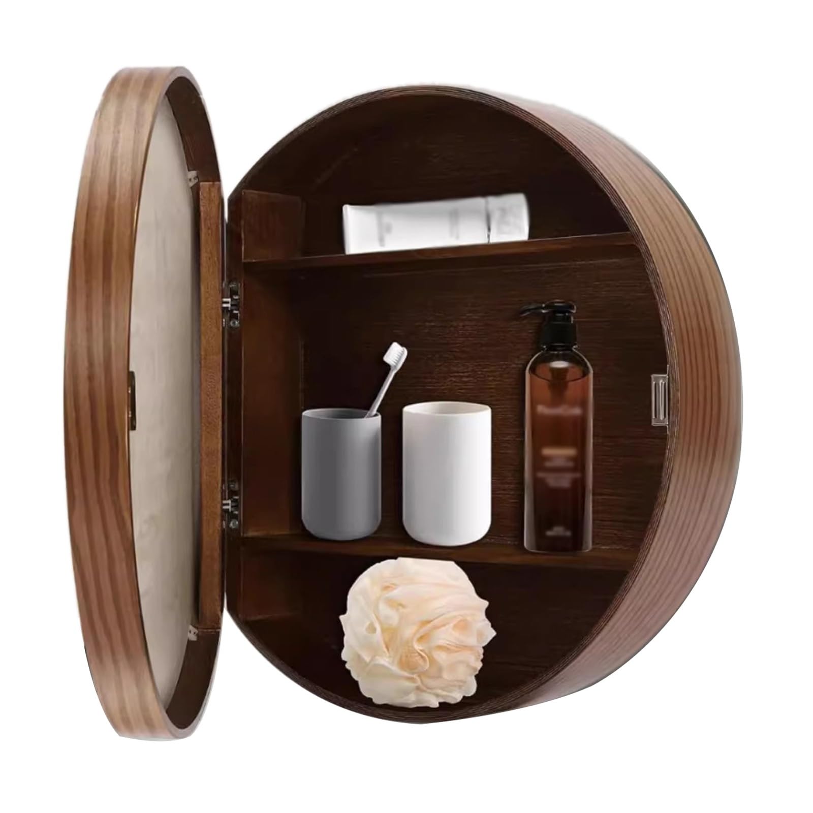 BKSXSOP Round Wall-Mounted Bathroom Storage Cabinet with Mirror - Stylish Black/Wood/Walnut Finish 50cm Makeup for Space-Saving nization