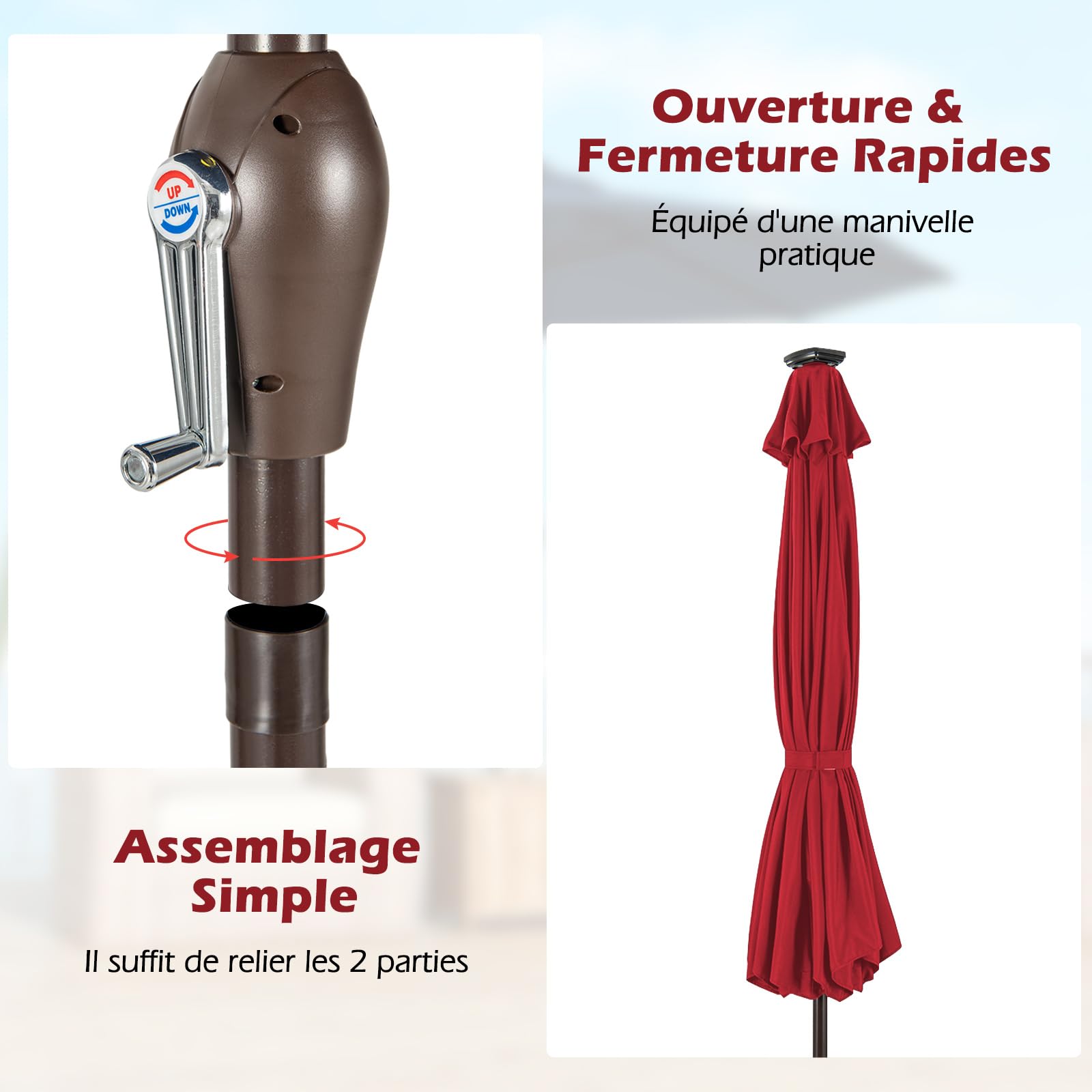 RELAX4LIFE Parasol Inclinable LED Dia.3M avec Éclairage Solaire, 8 Baleines, Inclinaison Réglables Parasol de Jardin Extérieur pour Balcon Terrasse Patio Café Bistro (Φ300x250cm,Rouge)