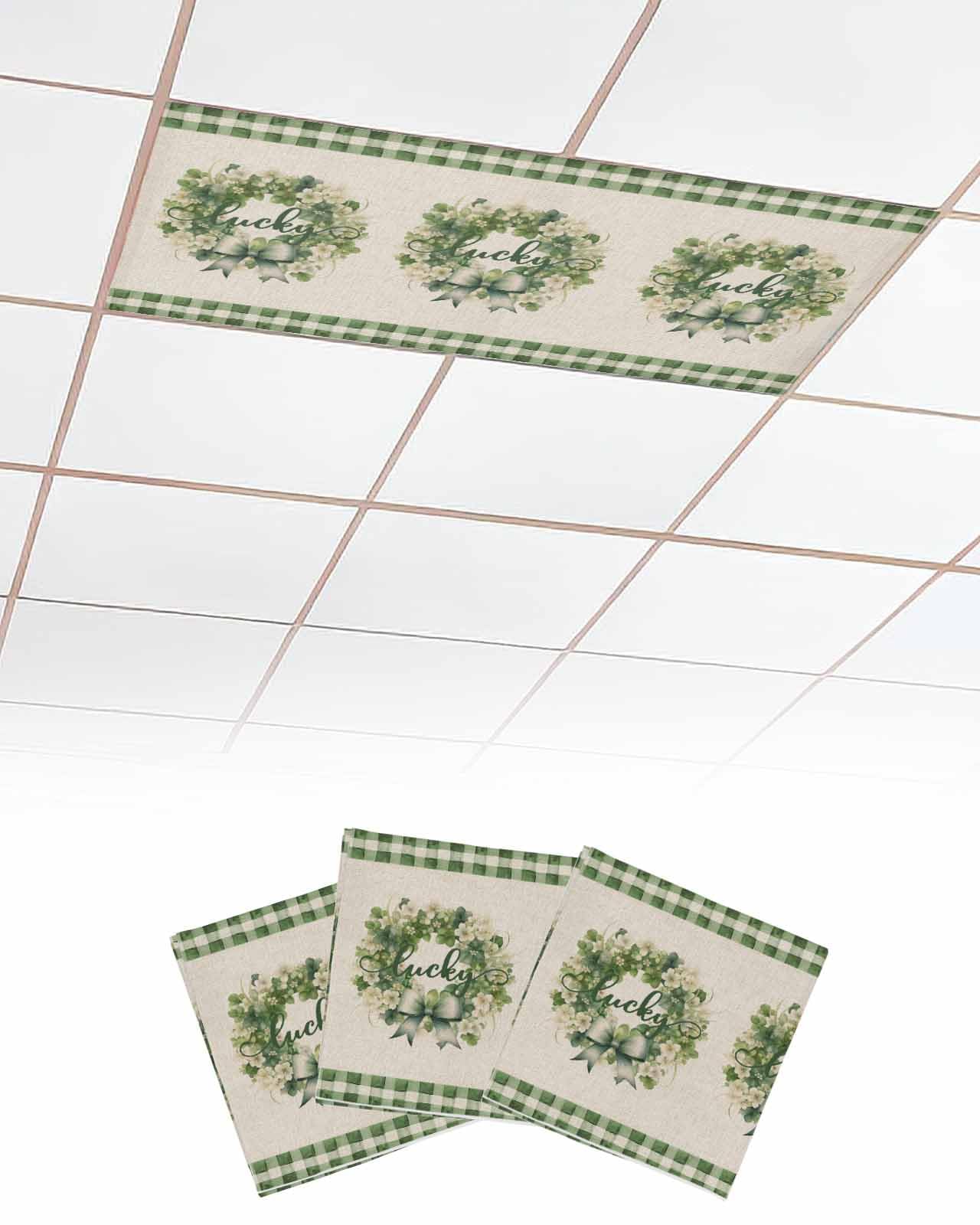 St. Patrick's Day 3 Pcs Fluorescent Light Covers for Ceiling Lights, Plants Green Bow Flowers Linen Texture Magnetic Light Filters for Eliminate Harsh Glare Classroom Office Decoration, 4 x 2 Ft