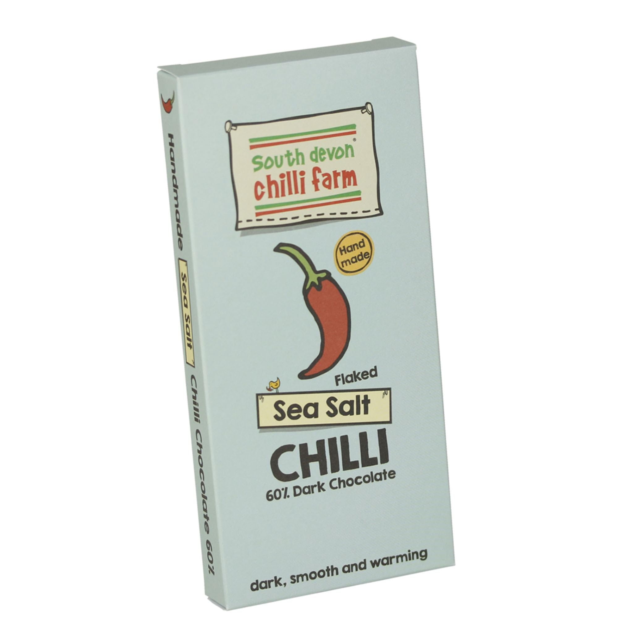 South Devon Chilli Farm Flaked Sea Salt Chilli Chocolate - Delicious 60% Dark Belgian Chocolate Combined With Homegrown Chillies - Dark, Smooth & Warming - Gift Present for Him or Her - 80g Bar