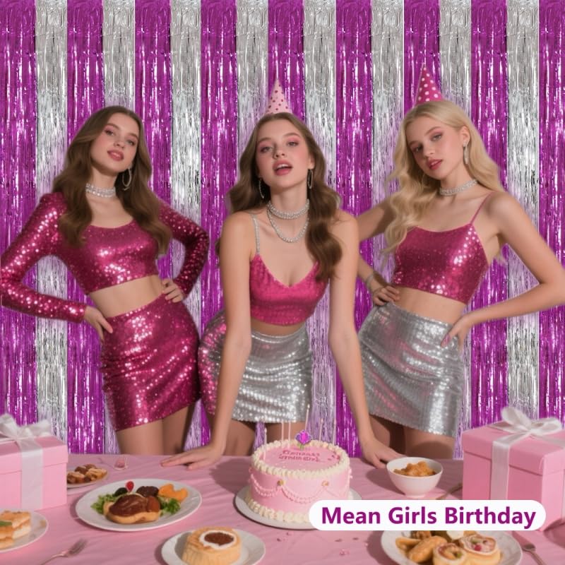 Image of BEISHIDA Hot Pink Silver Door Streamers Backdrop Foil Fringe Tinsel Party Streamers Curtains Photo Backdrop - 2Pcs for Girl Birthday Valentines Graduation Bachelorette Party Decoations
