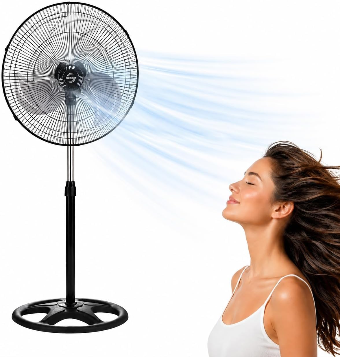 Ventilador de Pie 90W, Silencioso, Oscilante 3 Velocidades, Altura Ajustable 110 a 130 cm, Base Redonda, Aspas de 45 cm, Apto para Hogar, Oficina y Almacén, 1 Unidad, Color Negro