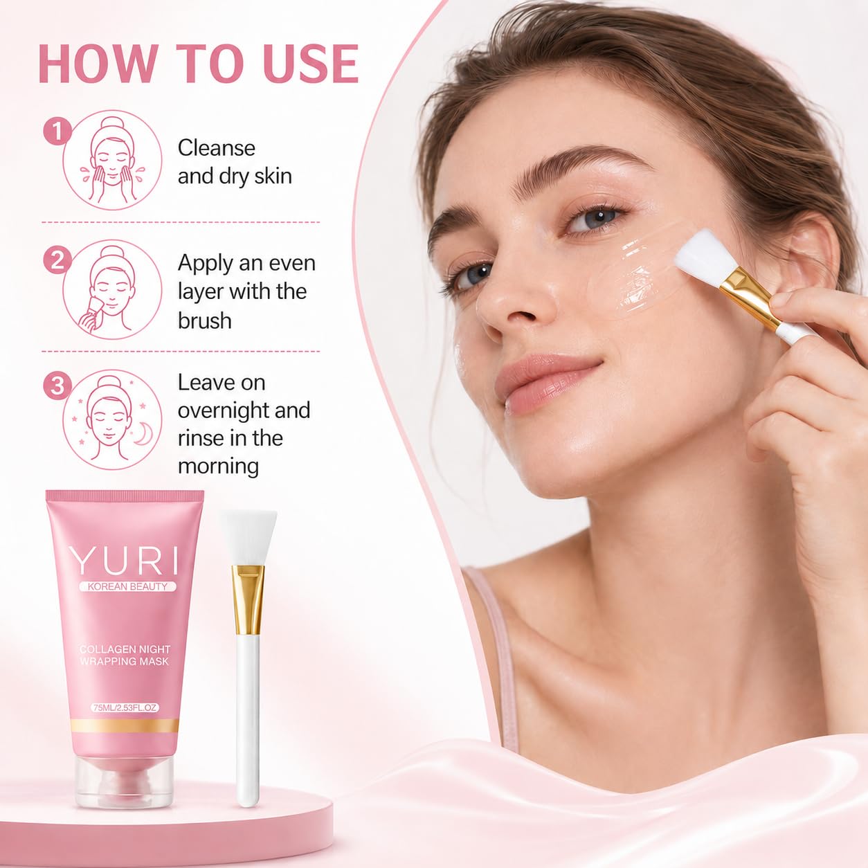 YURI Collagen Night Wrapping Mask, Overnight Peel Off Face Mask for Glass Skin, Deep Hydration & Smooth Skin, Even Tone & Oil Control, Easy Application Daily Skincare, for All Skin Types