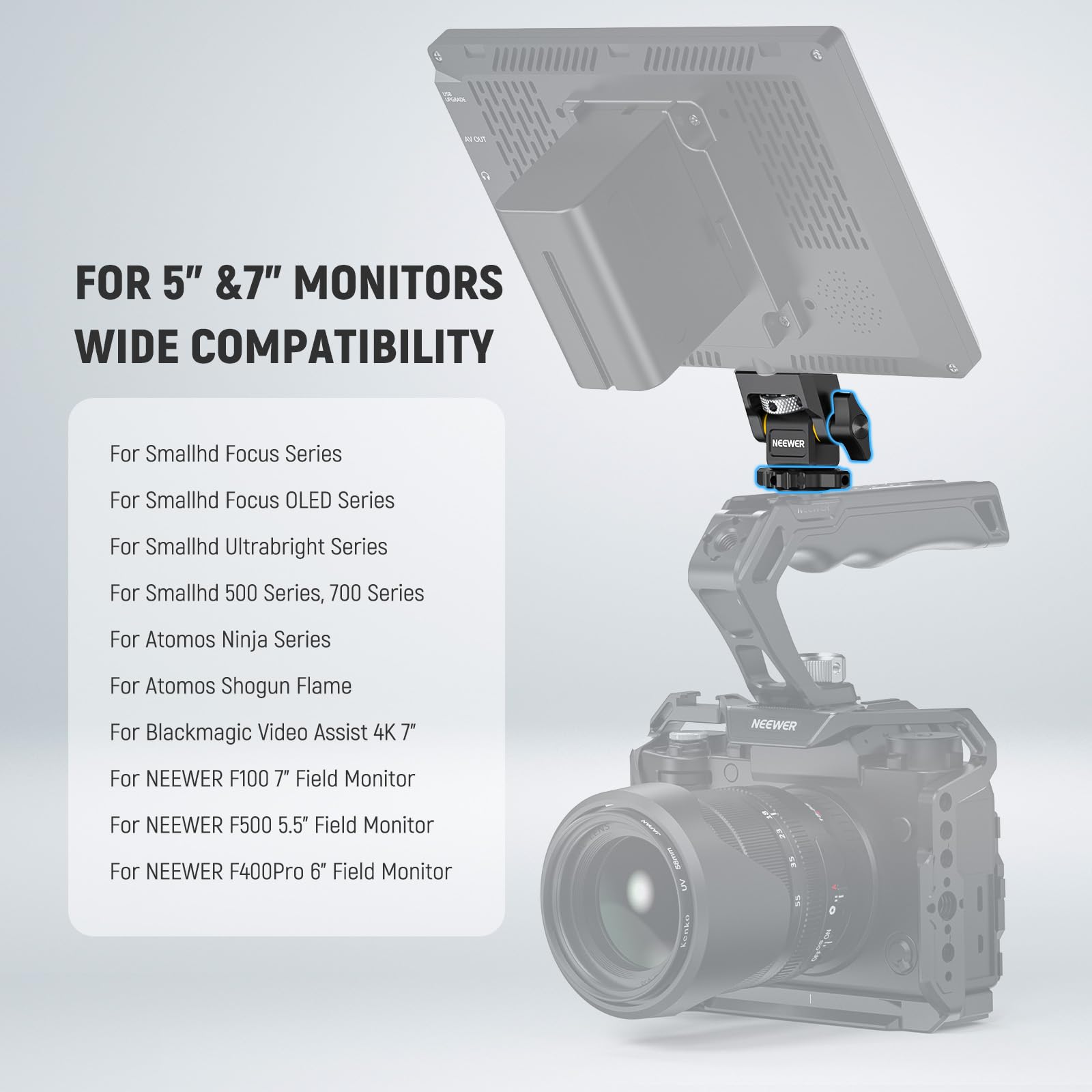 NEEWER Support de Moniteur caméra avec Sabot Froid pour Moniteur 5"&7",vis 1/4",Compatible avec Atomos Ninja V, pivotement à 360°, Inclinaison réglable à 180°, Amortissement, MA006