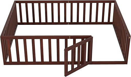 Miniatura 5 de Cama de suelo de madera, marco de cama duradero con valla y puerta para dormitorio de niños y niñas, no necesita somier (nogal, tamaño Queen