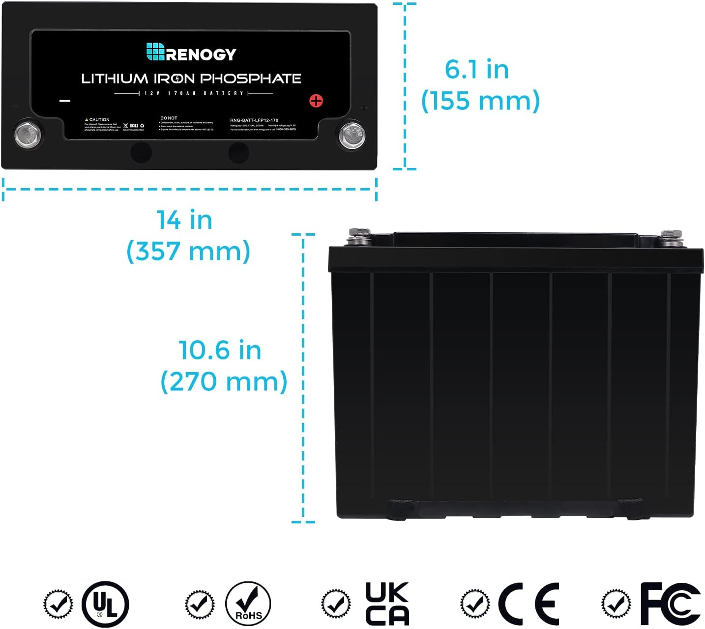 Dimensions of Renogy 12V 170Ah Lithium Iron Phosphate Battery