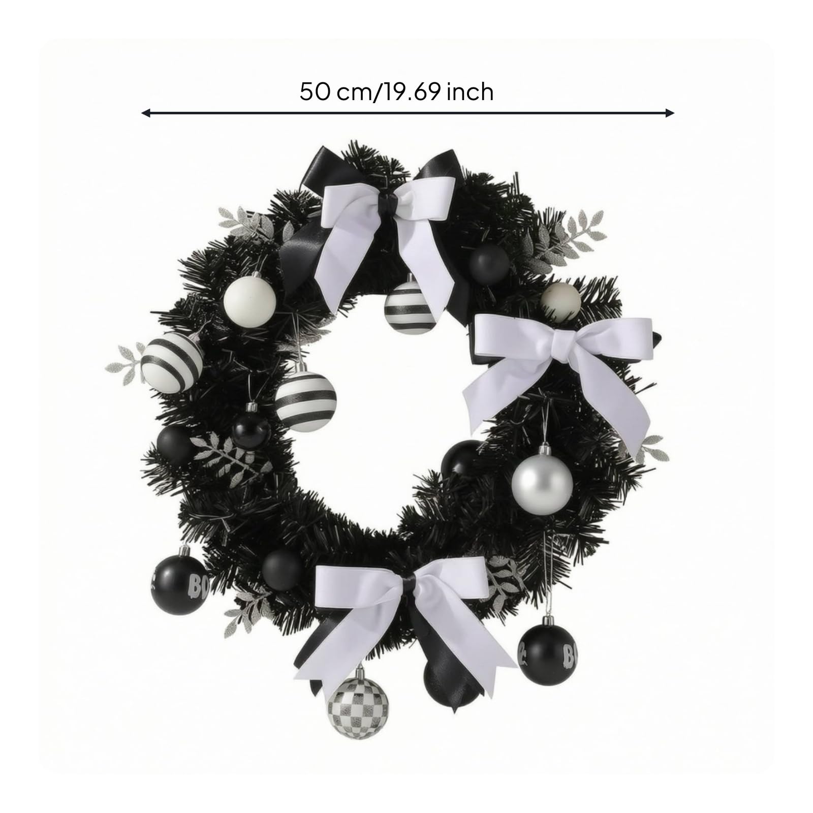 Festlicher Türkranz Weihnachtskranz Dekokranz Adventskranz mit Kugeln aus Und Stoff Schwarze Tanne mit Weißem Kontrast Und Schleifenband für Vordertür Wohnzimmer 50cm