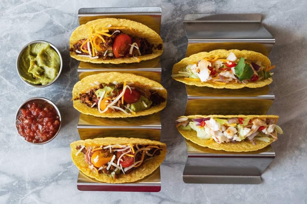 Limited Stock Taco Holder Stand - Set of 2 With 2 Sauce Cups - Stainless Steel Taco Rack With Handles, Signature 'Fiesta!' Design, Safe for Dishwasher, Oven & Grill