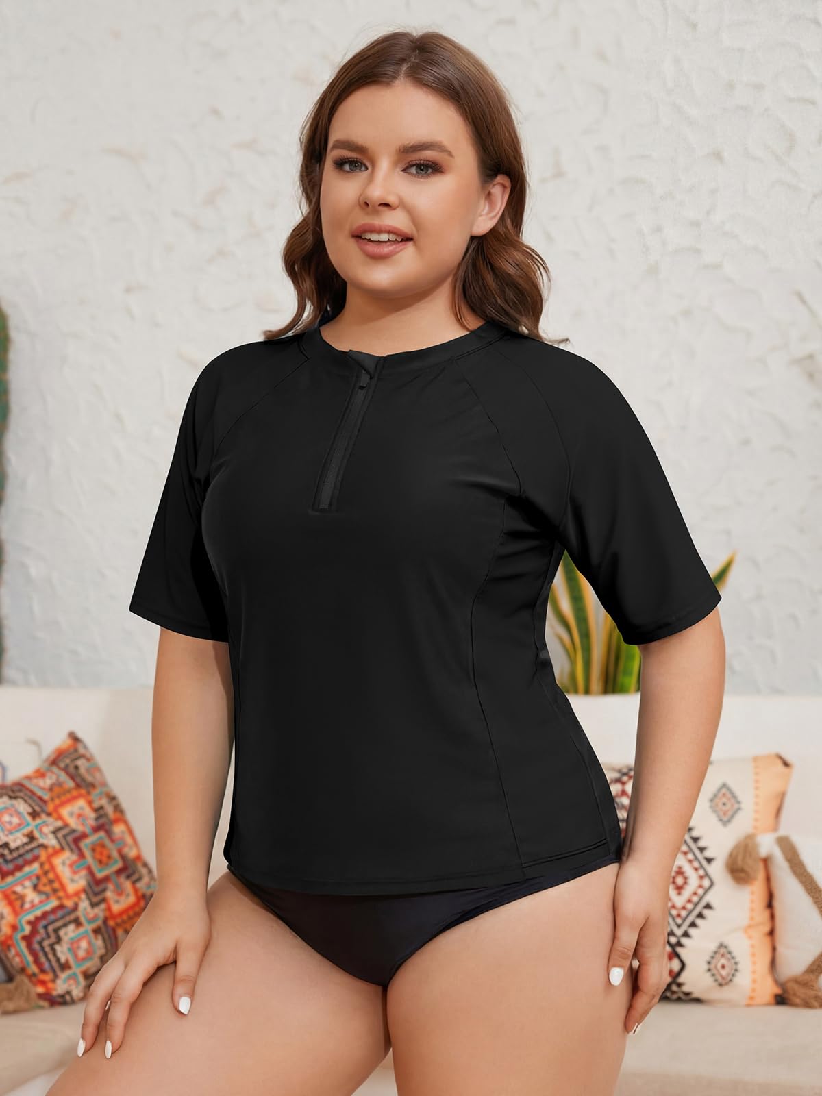 SHEKINI Camiseta de natación de manga corta con cremallera para mujer, talla grande, protección solar, modesto, traje de baño