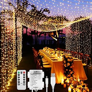 YAZEKY LED Window Curtain Lights 3mx3m, Fairy Lights Window Christmas Lights with Remote Control Powered by USB or Battery Operated Warm White Xmas String Lights 8 Modes for Indoors and Outdoors IP44