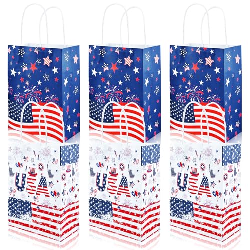 12 Pcs 4th of July Gift Bags Patriotic Paper Treat Bags with Handles 2 Styles Double-Sided Designs (4 Unique Looks) for Independence Day Party Favors BBQ Memorial Day USA Celebrations
