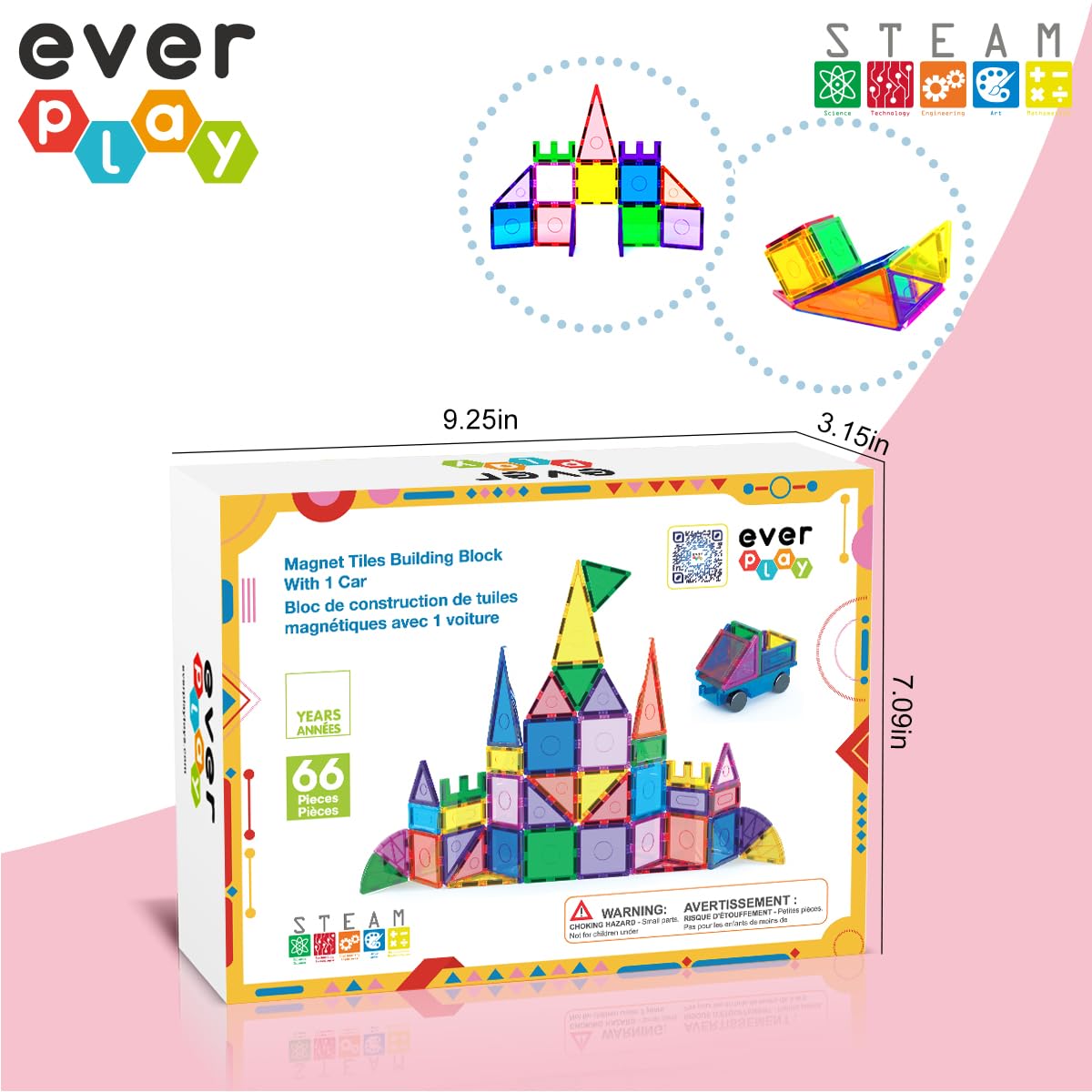Amazon.com: Everplay 66 pc Magnetic Tiles with Multicolored Car