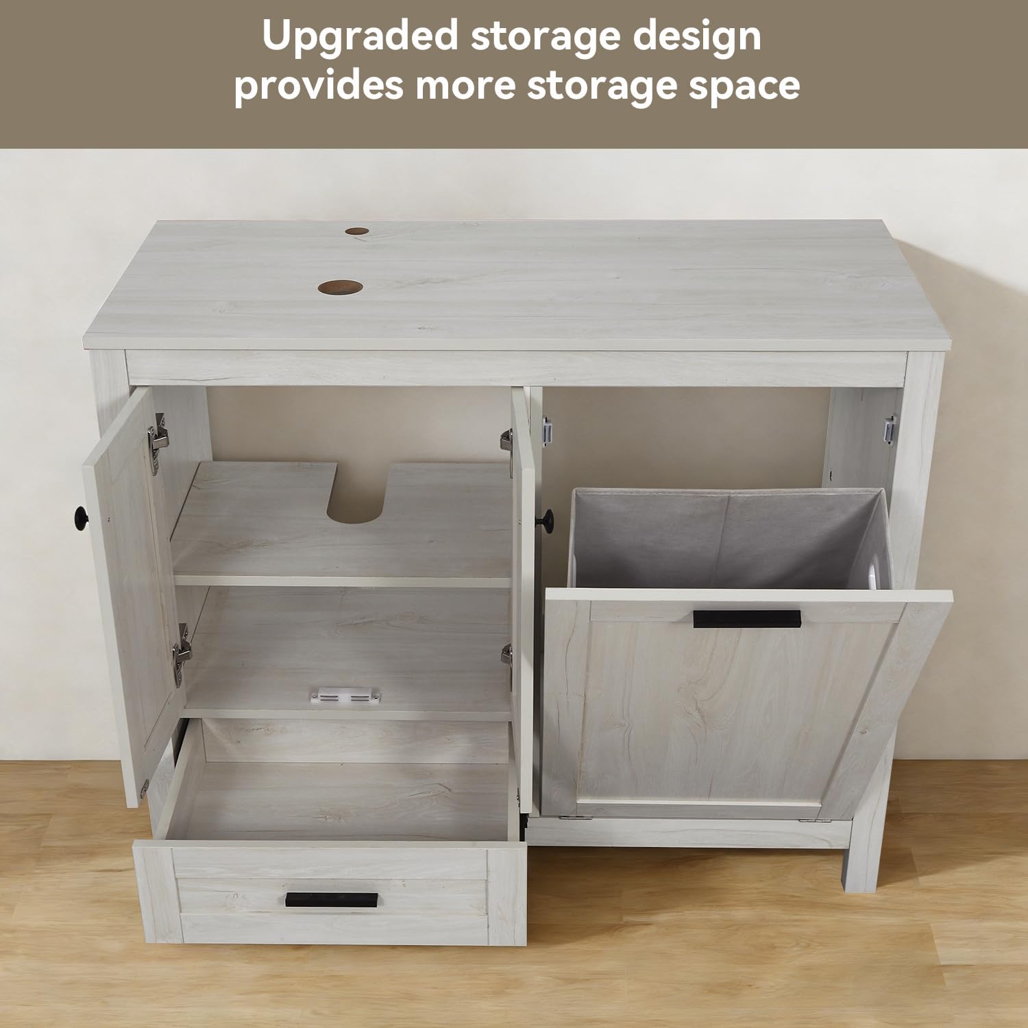 42" Bathroom Vanity Cabinet with Removable Laundry Hamper, Modern Standing Pedestal Cabinet with White Ceramic Boat Sink