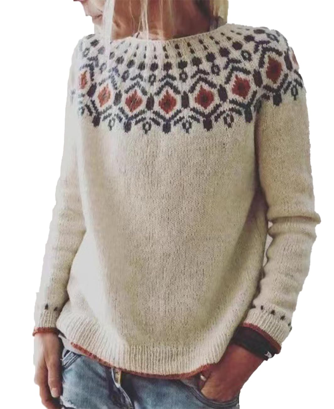 LOAIHA Fair Isle Vintage Sweaters for Women Argyle Graphic Print Loose Crewneck Long Sleeve Cozy Knit Pullover Sweater