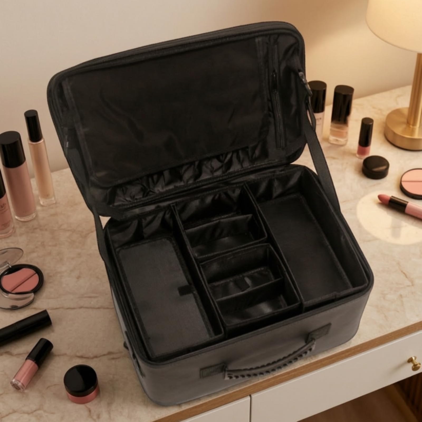 Cosmetic Storage Case Trucchi Valigetta Organizer Porta Cosmetici Borsa Grande Capacità E Scomparti Rimovibili in Pelle Pu con Coperchio Trasparente Adatta a Viaggi 41cm