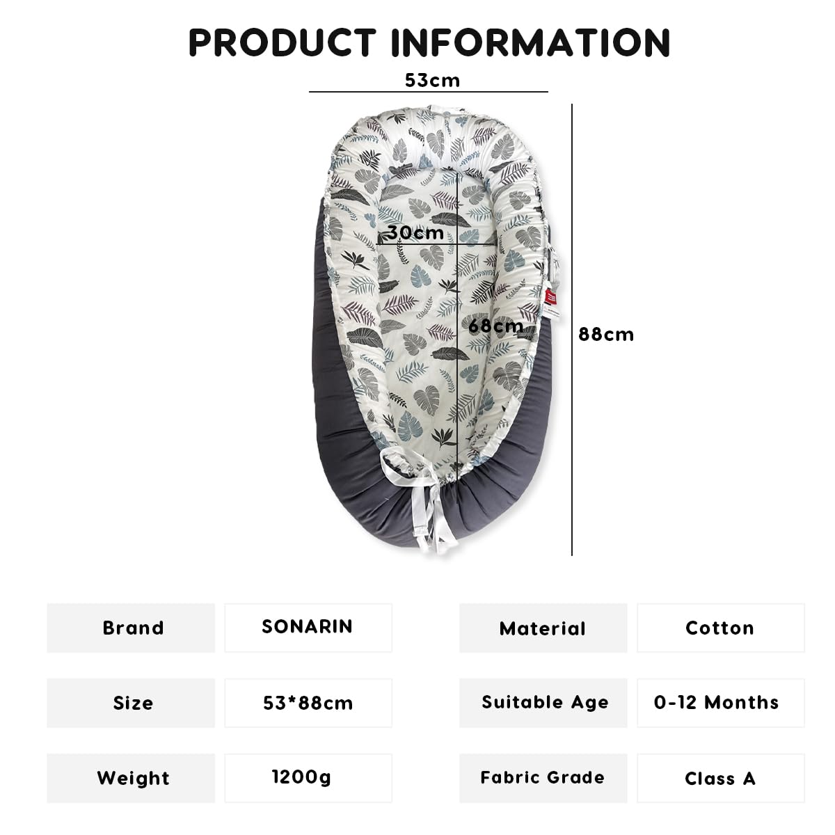 SONARIN Portable Reducteur de Lit Bébé,Nid Bébé Cocoon Nouveau-né Doux Respirant,Couffin de Voyage Nourrisson avec 100% Coton Housse Réversible Lavable,88 x 53 cm(Gris-Feuille)