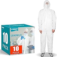 FURWEY Hazmat Suits 10 Pack Disposable Coveralls with Elastic Hood, Wrists & Ankles - Breathable PP Protection in 4 Sizes