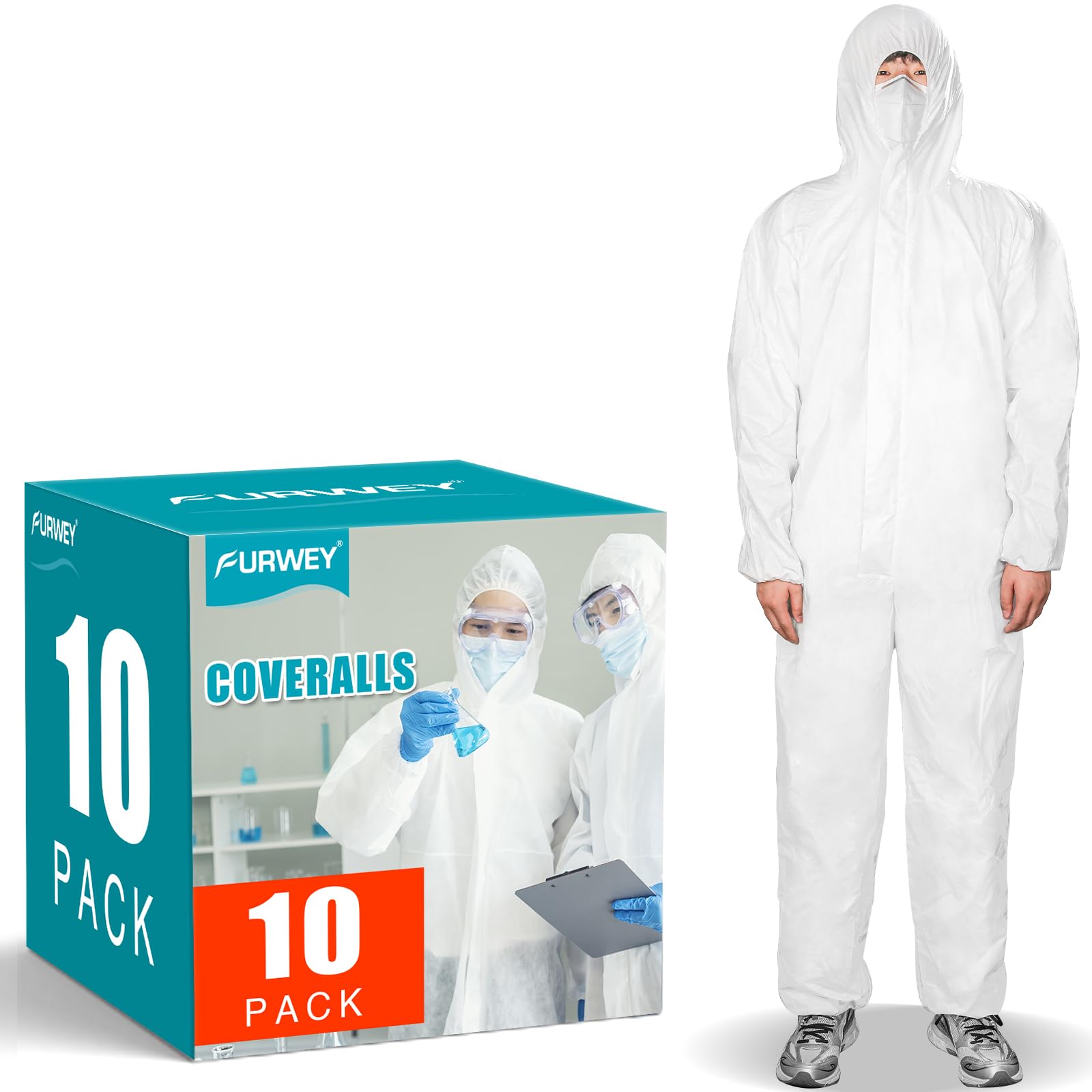 Photo 1 of FURWEY Hazmat Suits 10 Pack Disposable Protective Coveralls, Heavy Duty Full Body Painters Suit for Men & Women with Elastic Wrists, Ankles and Hood, Available in 4 sizes-Large