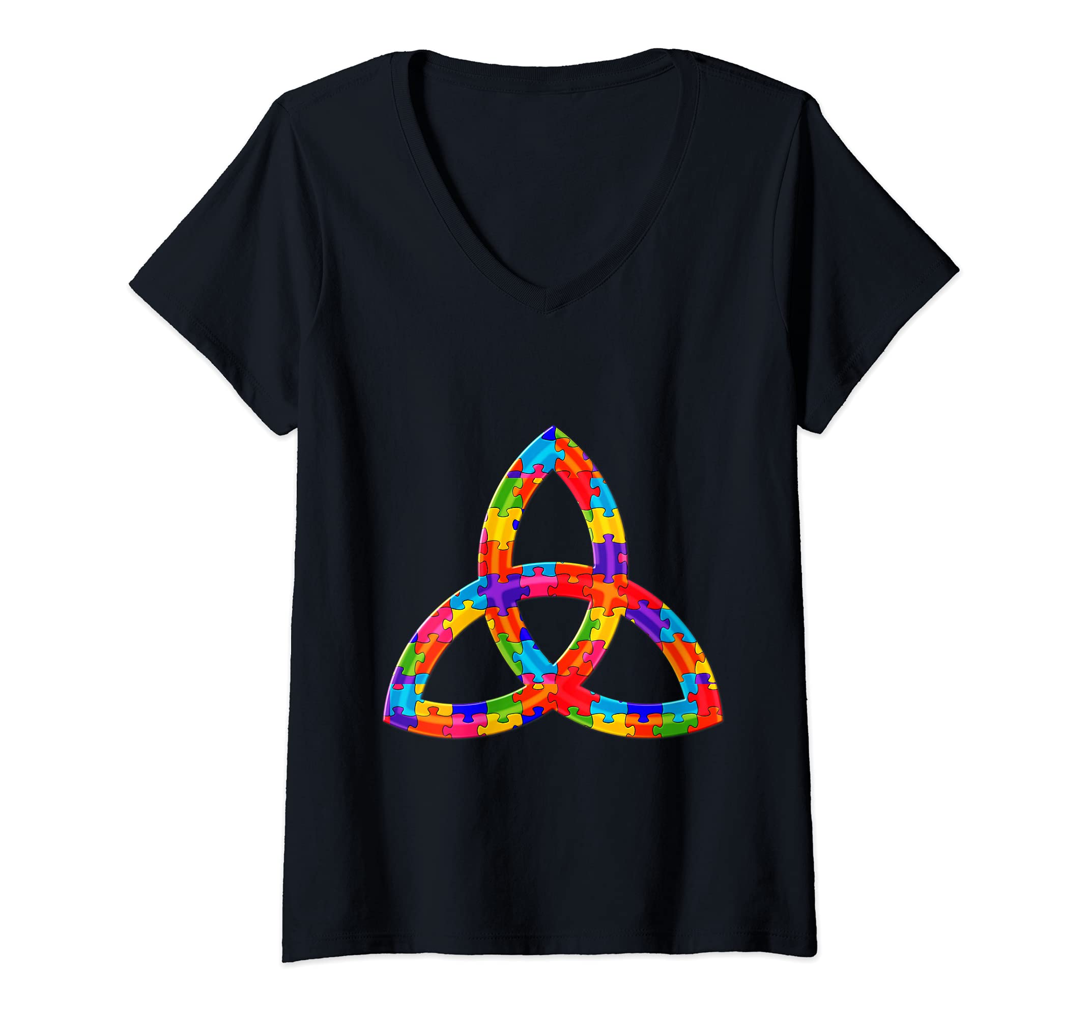 Womens Trinity Knot, triquetra, Jigsaw Autism Puzzle V-Neck T-Shirt
