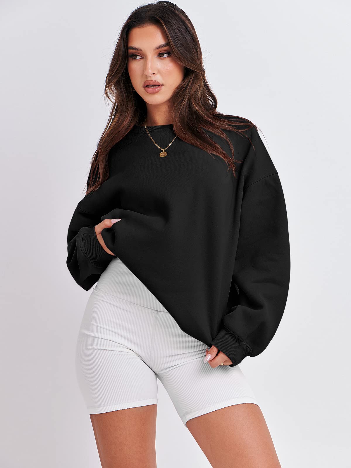 Damskie bluzy oversize bluzy z kapturem polar okrągły dekolt sweter top codzienne jesienne stroje preppy ubrania nastolatki 2024 A1019 światło, Jeden kolor, Black_X-Small