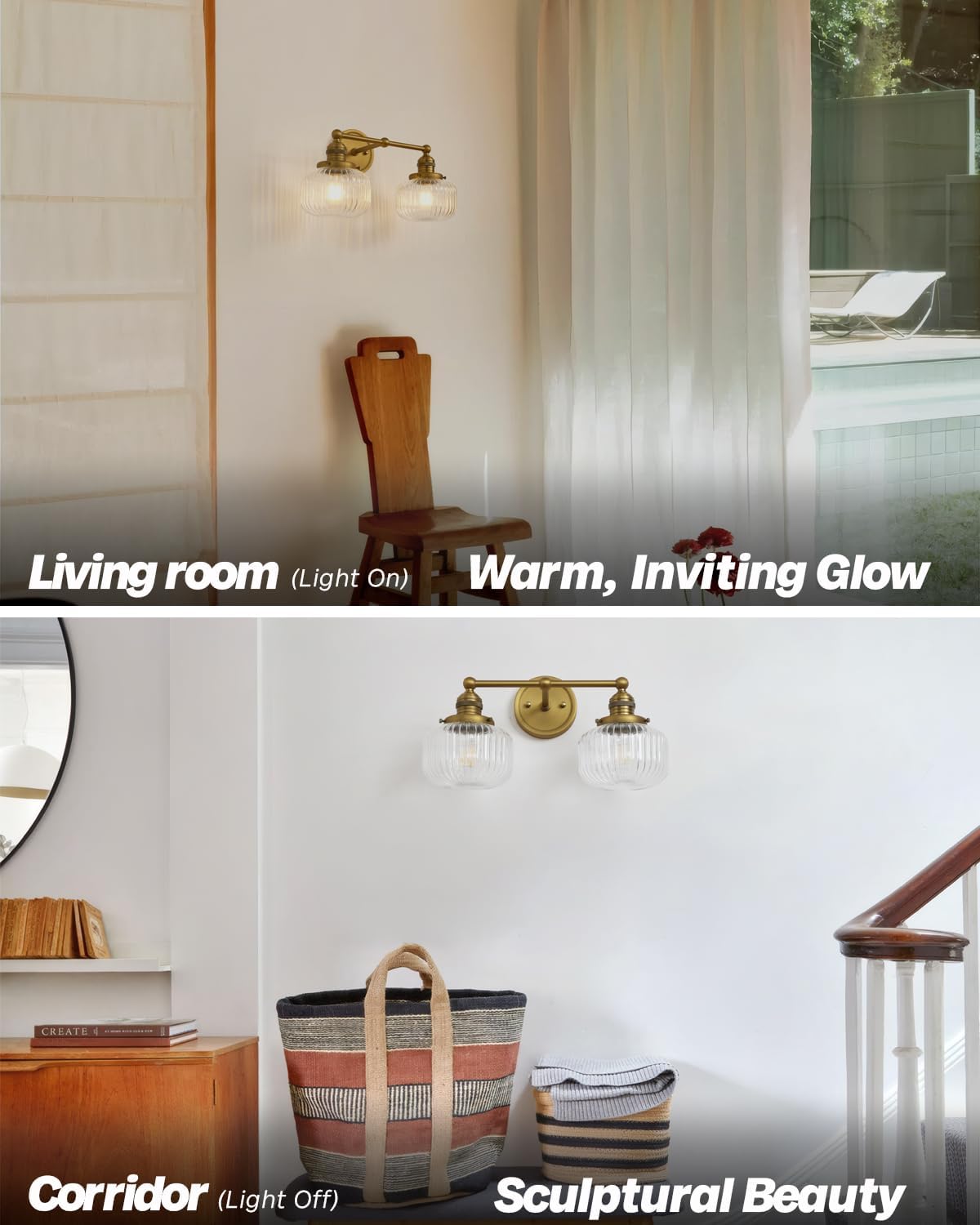 Double Vintage Wall Sconces 2-Lights Brass Gold Bathroom Vanity Light with Clear Striped Glass Shade Indoor Hardwire Wall Sconce Lighting for Bathroom Living Room Bedroom Kitchen