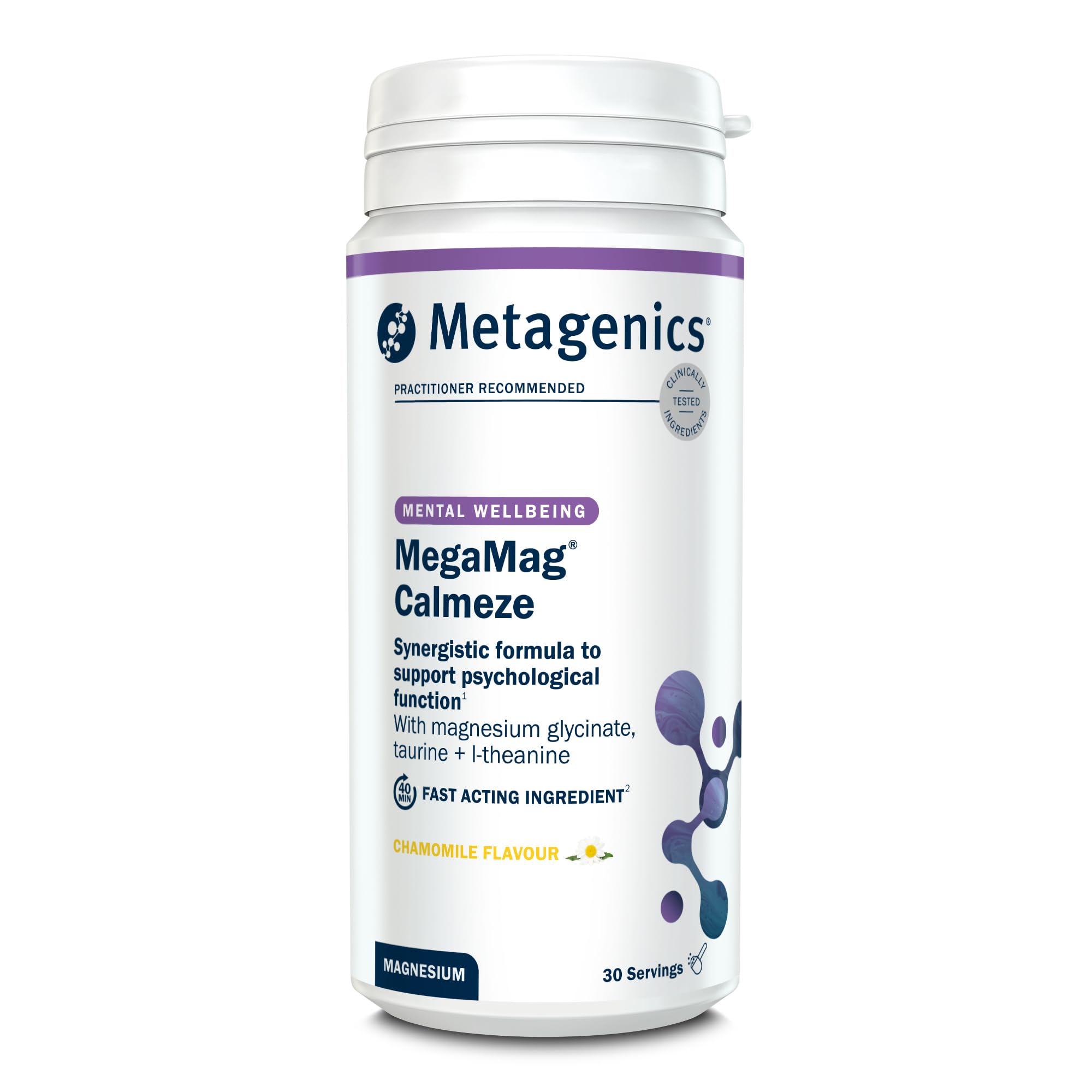 MegaMag Calmeze Magnesium Powder - High Potency Magnesium Glycinate for The Reduction of Fatigue & Tiredness - Chamomile - 30 Servings