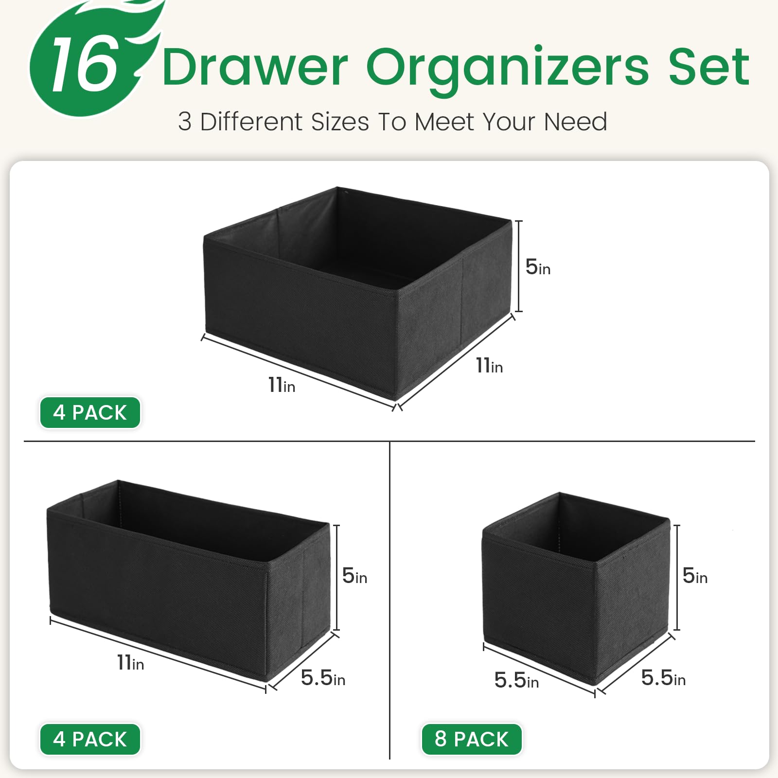 Lot de 16 organiseurs de tiroir pour sous-vêtements – Boîte de rangement pliable en tissu pour vêtements, commodes, séparateurs de tiroir pour vêtements, écharpes (noir)