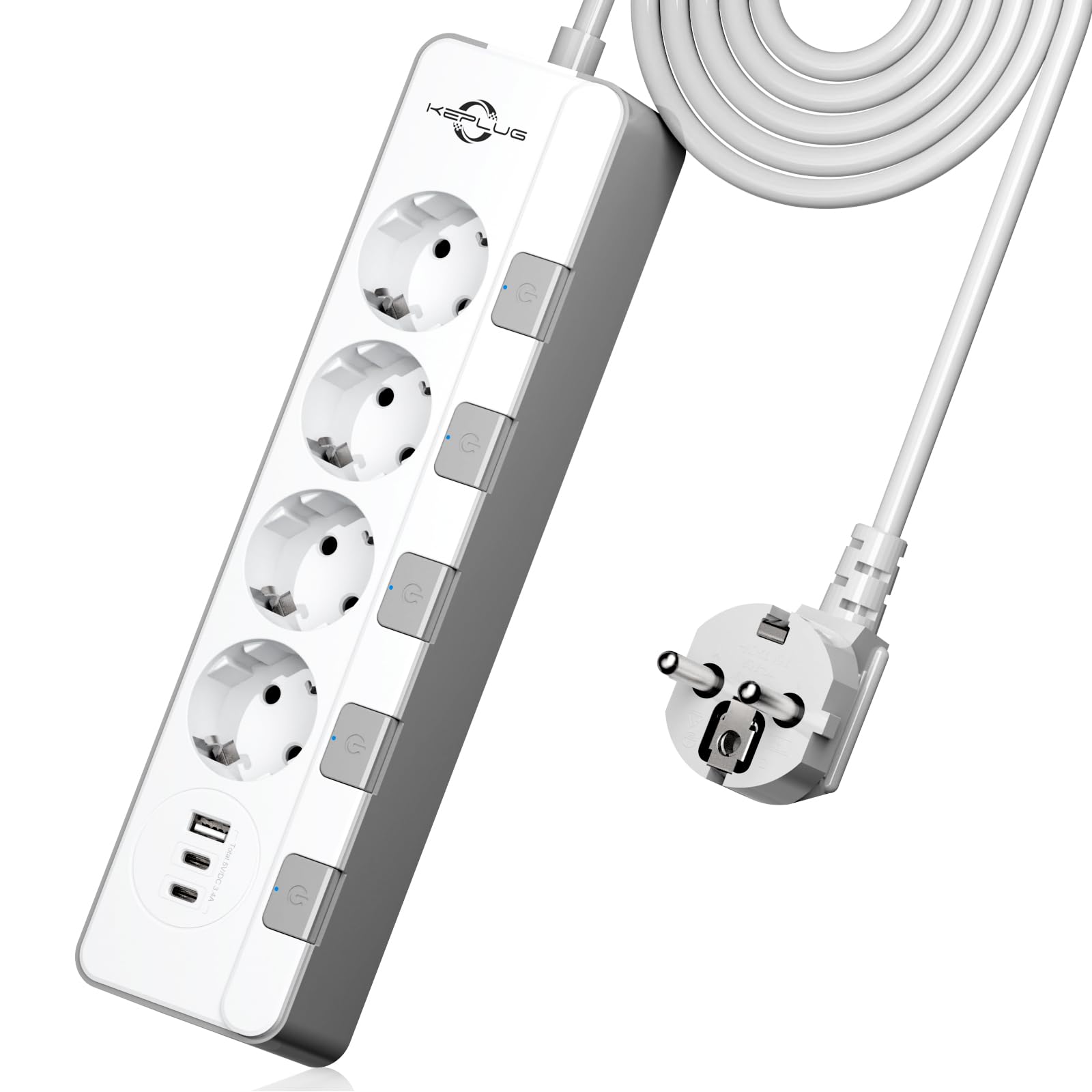 Steckdosenleiste überspannungsschutz(4000W 16A),KEPLUG Mehrfachsteckdose mit 2 Type C 1USB A,Steckdosenleiste einzeln schaltbar wandmontage kindersicherung,Steckdose mit USB C 2 m Kabel
