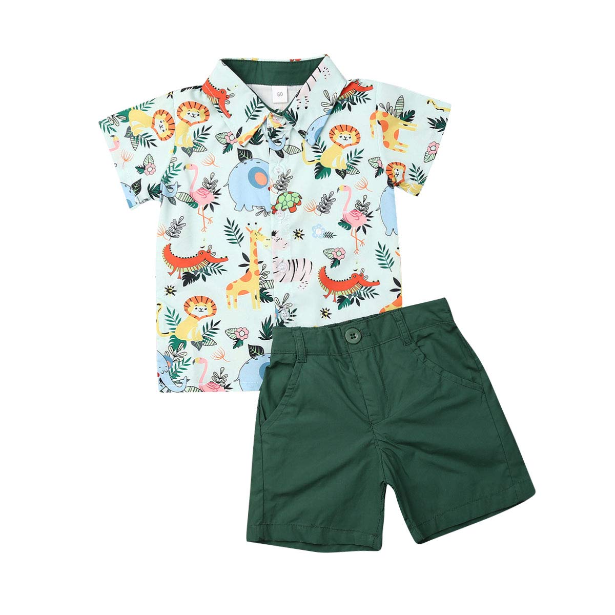 Ilyhaha Toddler Kid Baby Boy Short Sleeve Print Botton Down Shirt Solid Color Shorts Set 2Pcs Summer Outfits 1-6Years Clothes (Zoo top + green shorts, 12-18 Months)