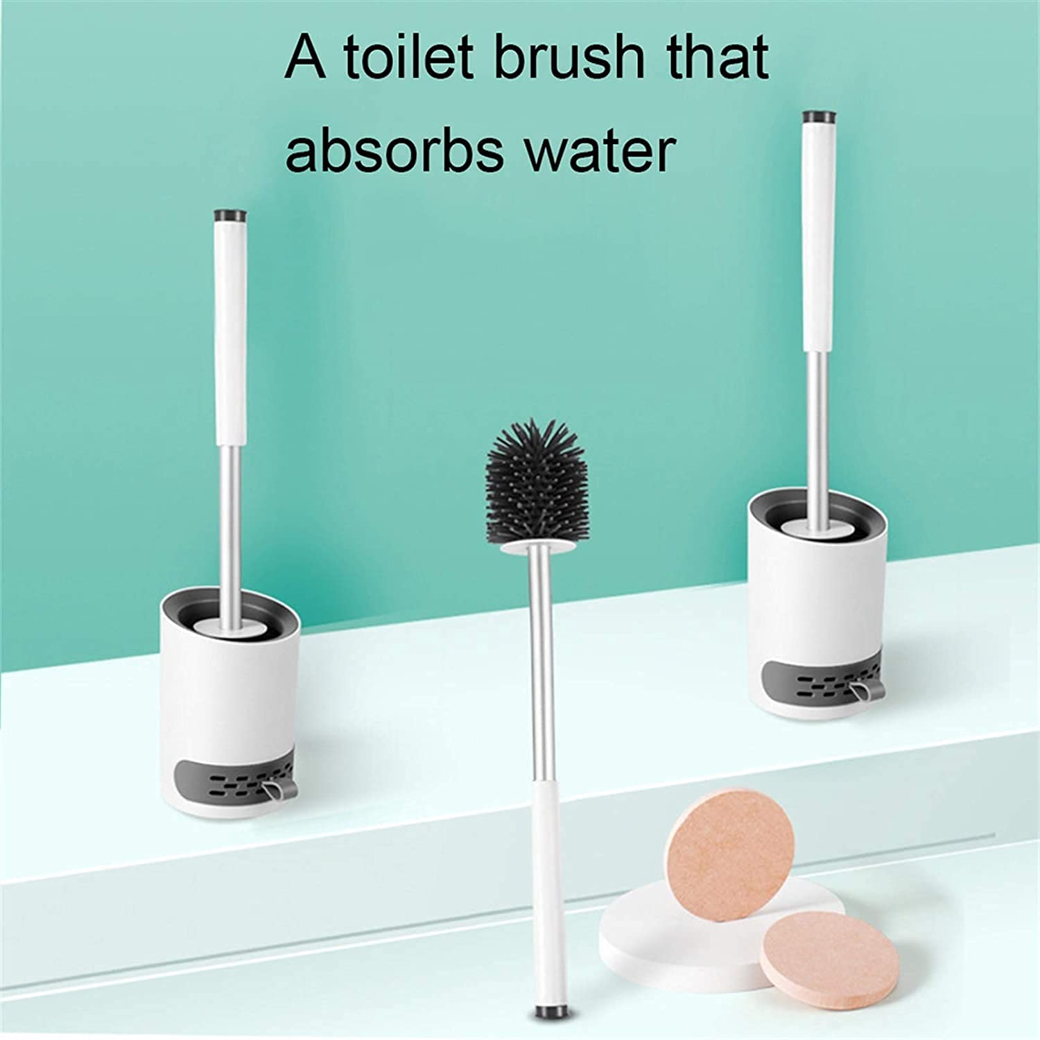 ESOUY Juego de escobilla de inodoro con cabeza de goma para uso doméstico, soporte largo para colgar en la pared, cepillo suave para la limpieza del suelo flexible de silicona herramienta para el baño