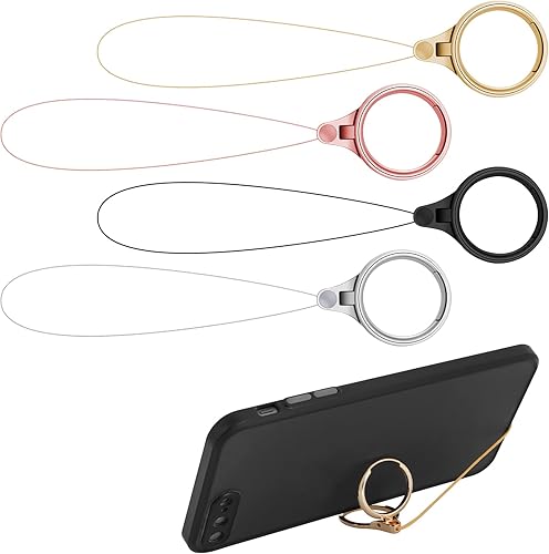 Cobee Correas de anillo para teléfono celular, 4 soportes para anillos de dedo con soporte y cordón (plata, oro, negro, oro rosa)
