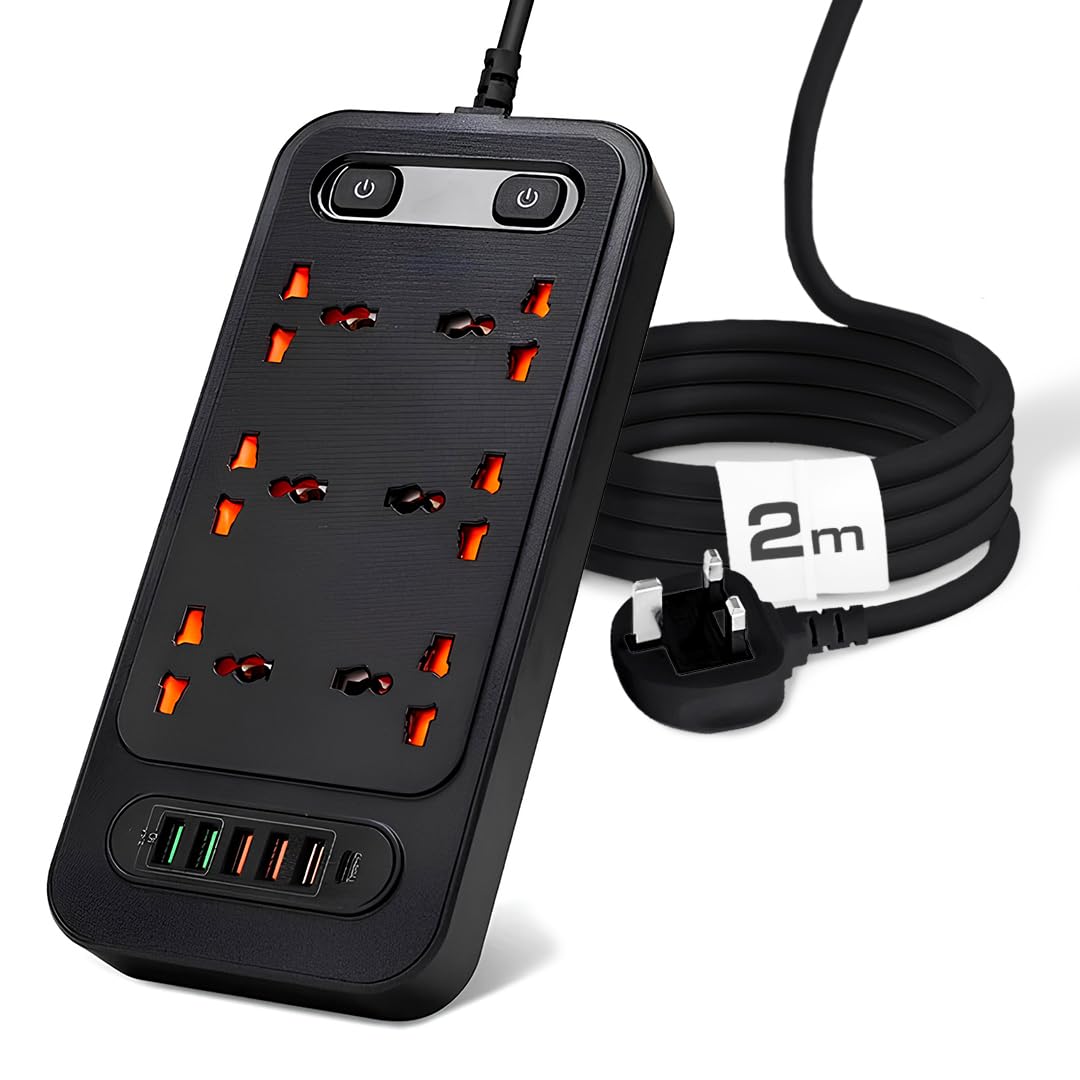 3000W 2m Power Strip Extension Cord & Bar 6 UK Outlets 5 USB 1 USB-C Multiple Surge Protector with Charging Socket Universal Extension Lead Wire for Home Work Study Office Kitchen
