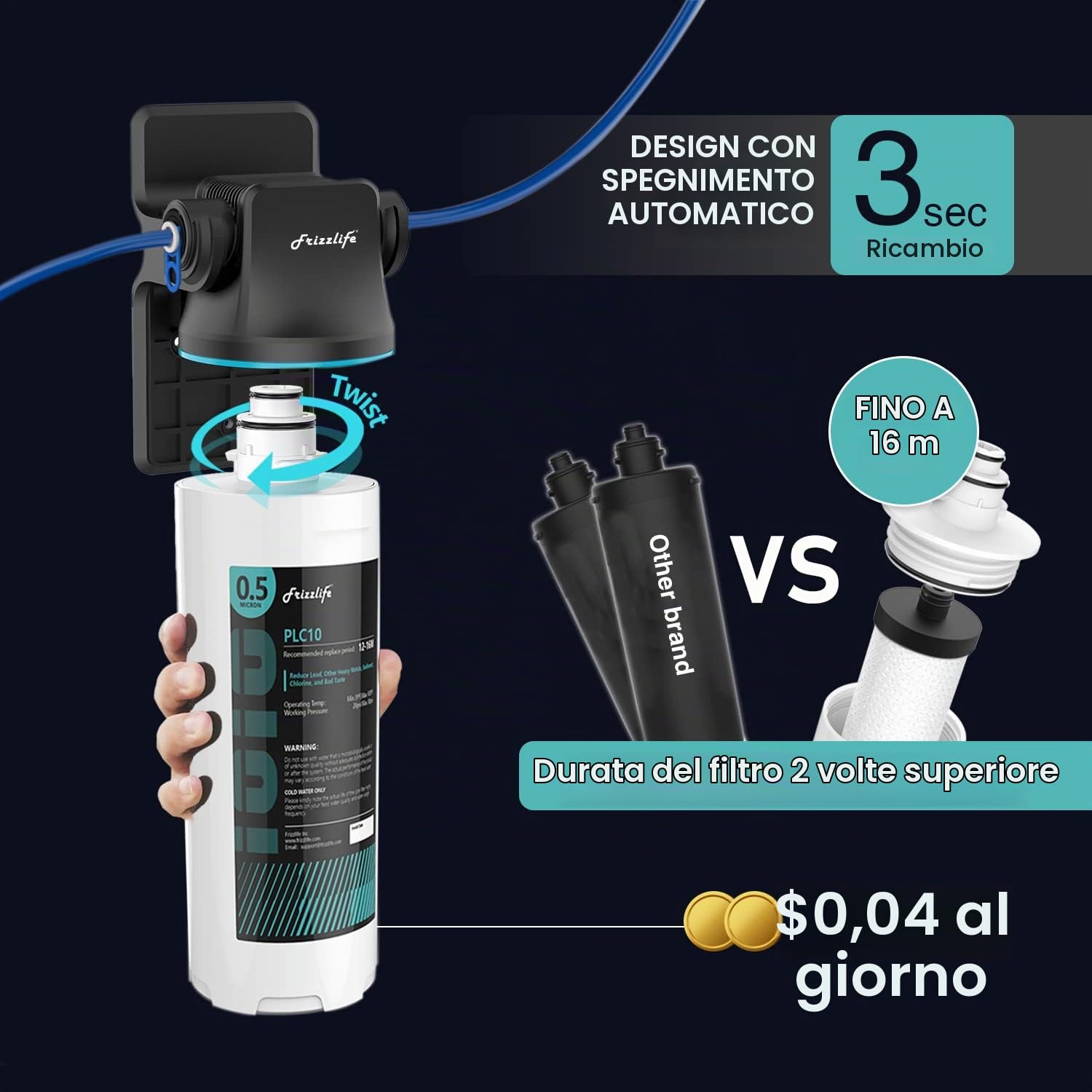 Frizzlife SW10F filtro per acqua sotto il lavello con rubinetto in nichel spazzolato, certificato NSF/ANSI 53&42, riduce al 99,99% piombo, cloro, cattivo gusto e odore, 8K galloni, 0,5 micron.