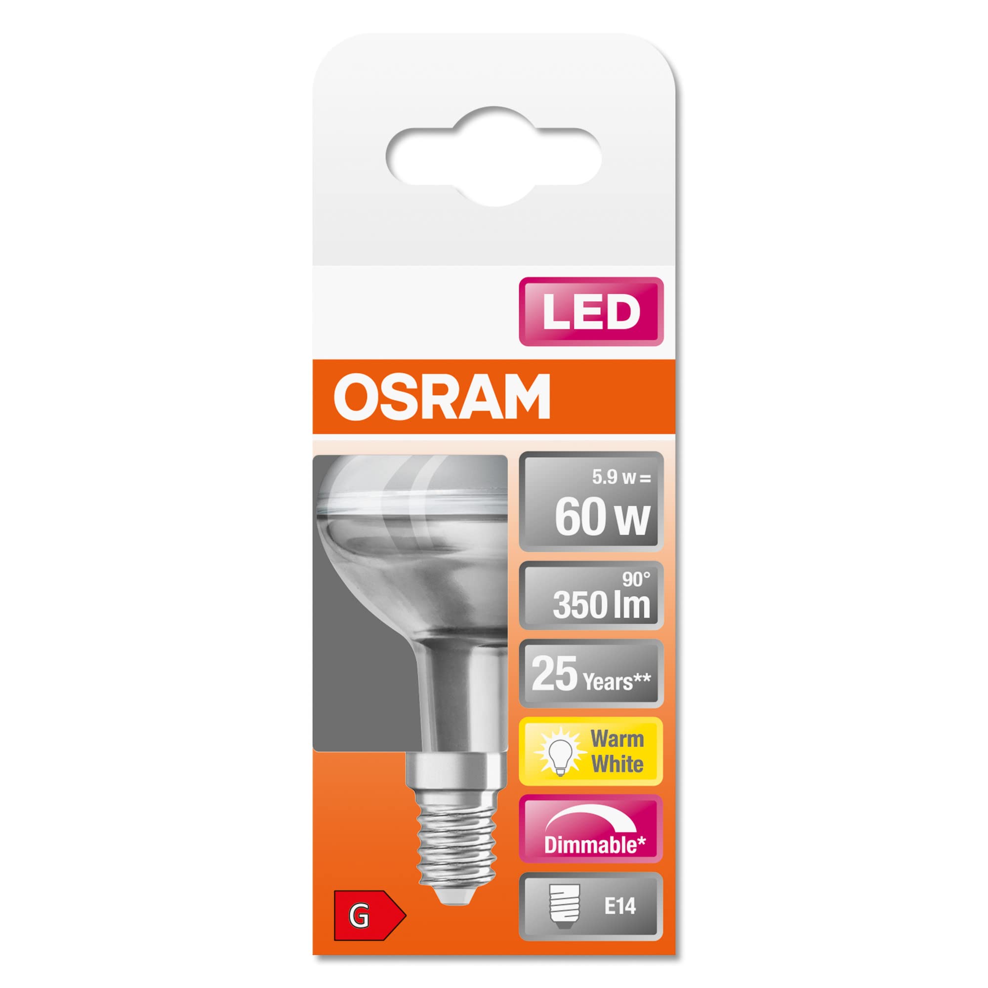 OSRAM LED Superstar R50, base E14, regulable, blanco cálido, 2700 K, 5,90 W, reemplazo para lámpara reflectora de 60 W, LED SUPERSTAR R50, paquete de 6