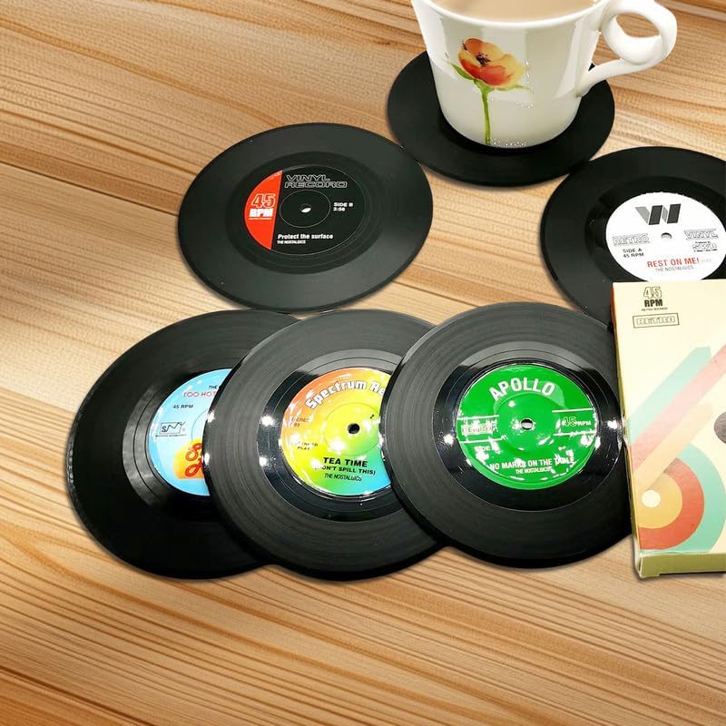 Miniatura 3 de 6 posavasos retro divertidos para discos de vinilo con reproductor, posavasos de música para amantes de la música, decoración del hogar,