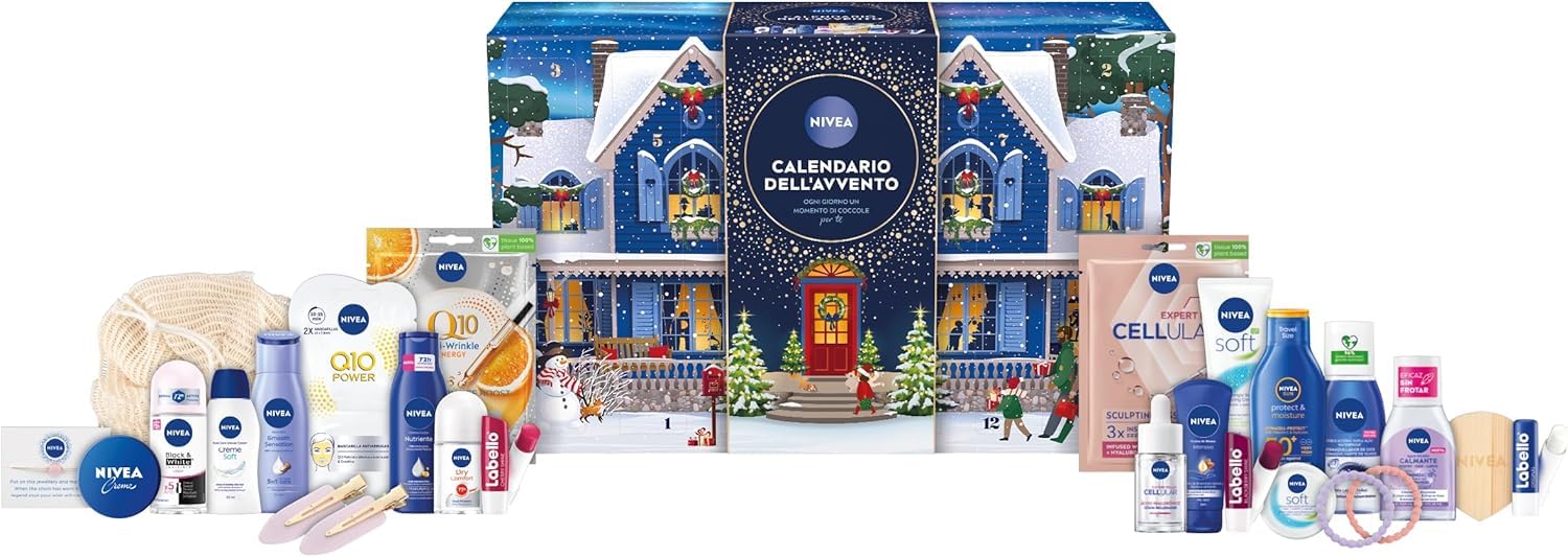 NIVEA Calendario dell'Avvento 2025 per 24 momenti di coccole, Calendario Avvento donna e ragazza festivo ed elegante, Calendario Avvento beauty con prodotti e accessori selezionati NIVEA e Labello
