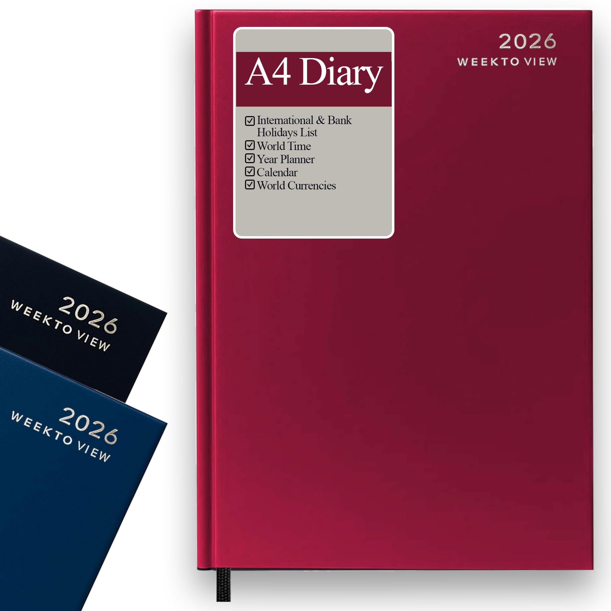 2026 Diary A4 Week to View Red Hardcover - A4 2026 Diary Week to View with Ribbon Marker, Yearly Planner, 3 Year Calendar, Notes, Contacts, & More Pages. - Daily Tasks Office, Home & Business Use