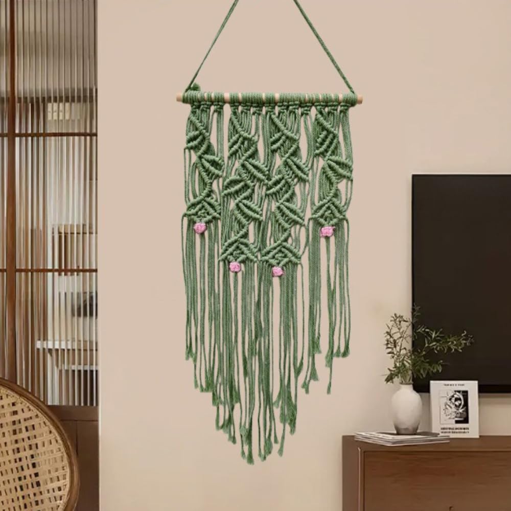 Arazzo da parete in macramè in corda di cotone, 85 x 30 cm, stile boho, con asta di legno, decorazione da parete per camera da letto, soggiorno, appartamento, tenda da parete, 2 pezzi, verde