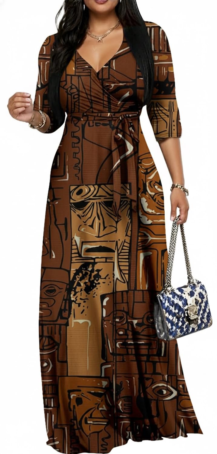 Women's Church Maxi Wrap V Neck 3/4 Sleeve Tie Waist Plus Size Long Dress
