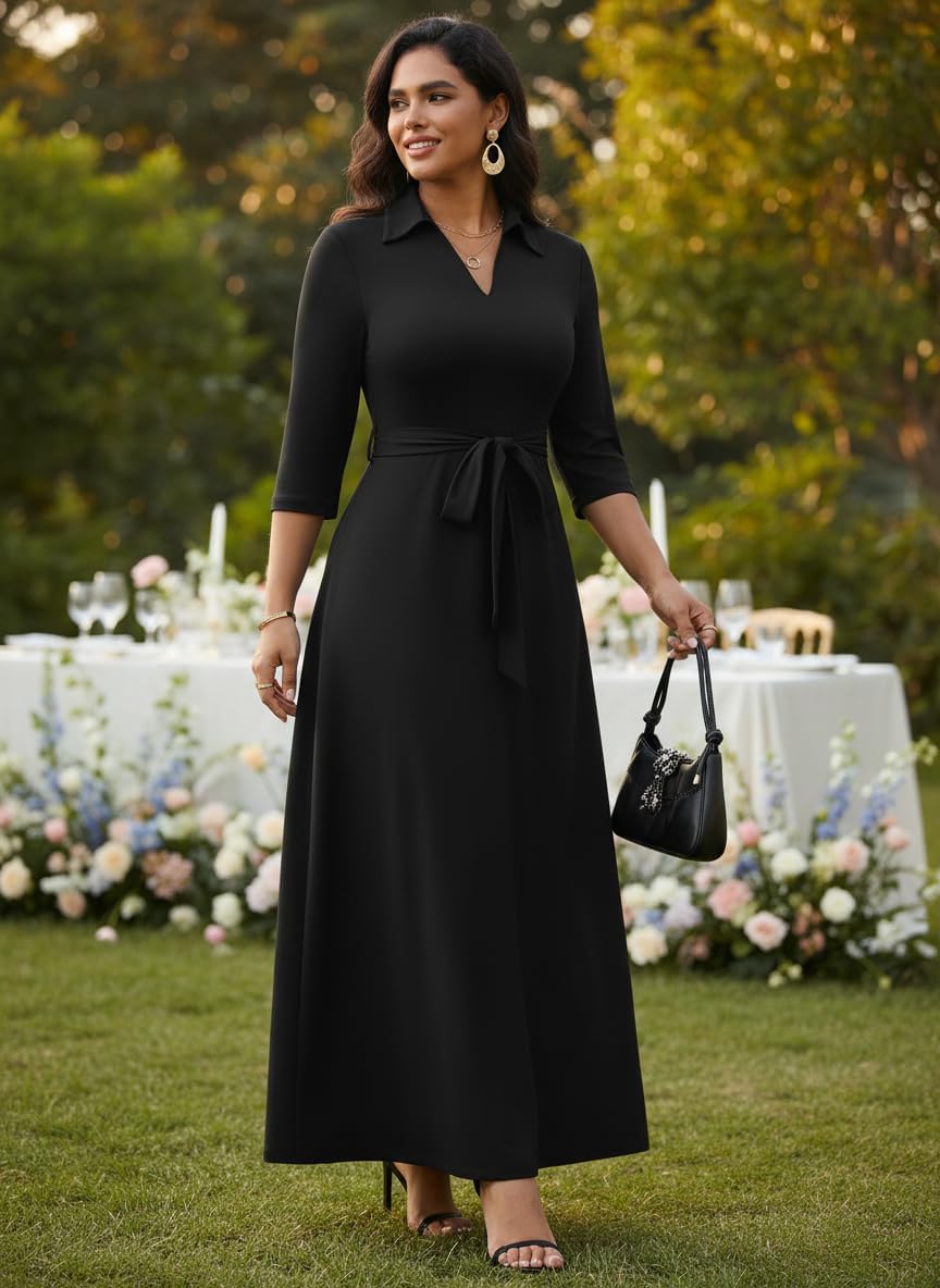 FANDEE Maxi Dresses for Women V Neck Casual A-line Dress 3/4 Sleeve Semi Formal Dress for Women - Image 6