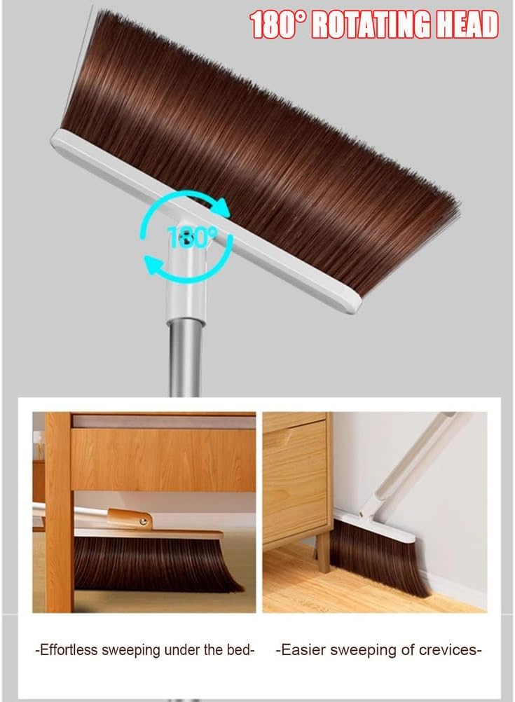 Broom and Dustpan Set - 180° Rotatable Broom Head & Self-Cleaning Teeth - Upright Stand Cleaning Tools with Lightweight Aluminum Alloy Long Handle for Kitchen Office Indoor Lobby