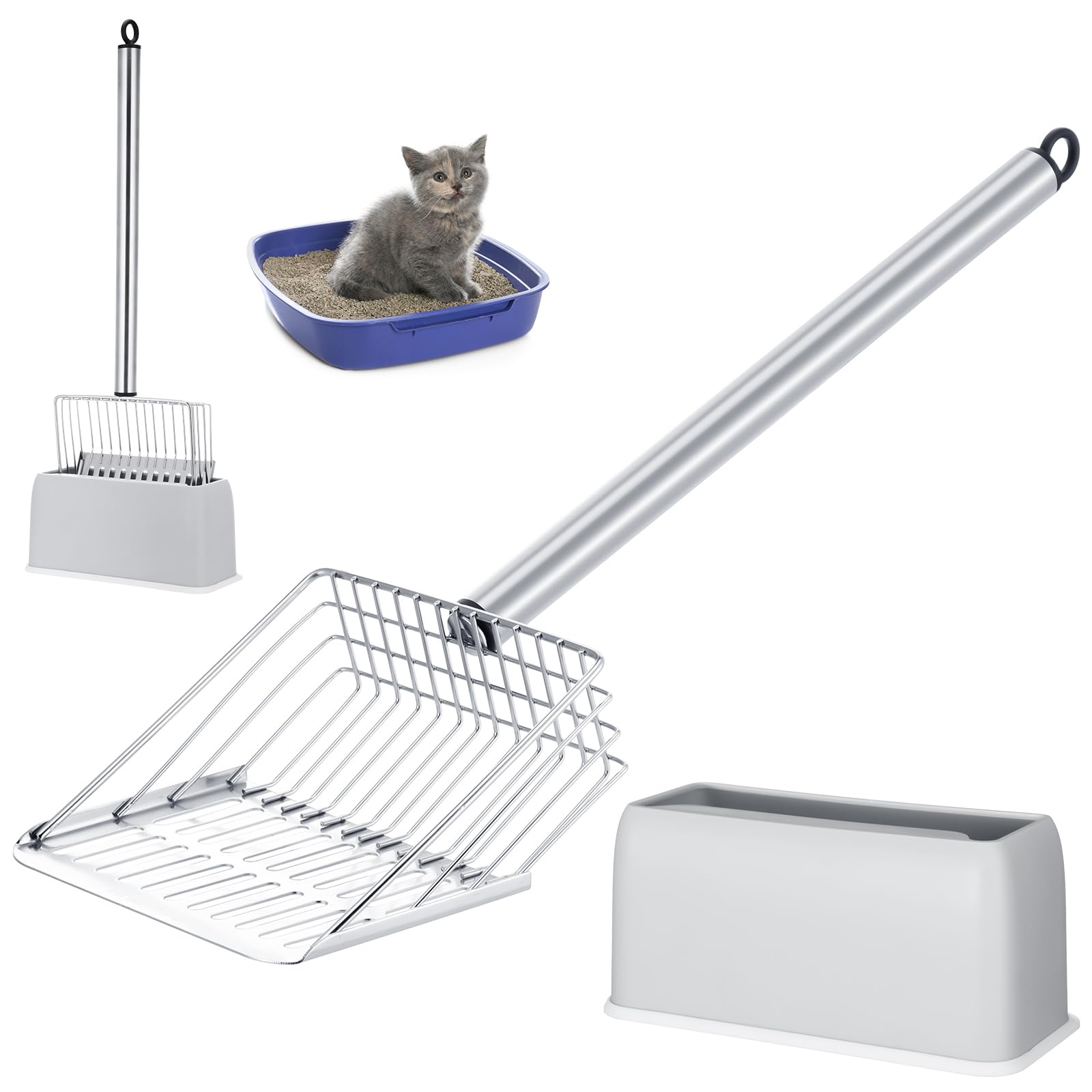 Tioncy Metal Cat Litter Scoop with Holder 17.5 Inch Long Handle Cat Scooper for Litter Box Deep Cat Fast Sifter Shovel Stainless Steel Cat Litter Sifter Scoop Pet Scooper for Kitten Cat Dog Poop