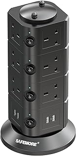 Tower Extension Lead 14 Way, Extension Plug with 4 USB 4.8A Charge Slots, SAFEMORE Individually Switched Power Strip 3m Cable Vertical Surge Protection Power Cord for Home Office [Energy Class A+++]