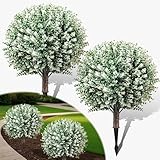 YUGYUM 2 Pack 24.5' Artificial Boxwood Topiary Ball Trees Outdoor, Faux Plant Flower Shrubs Bushes with Spike,UV-Resistant Fake Greenery for Planters Porch Garden Home Office Spring Decor-White