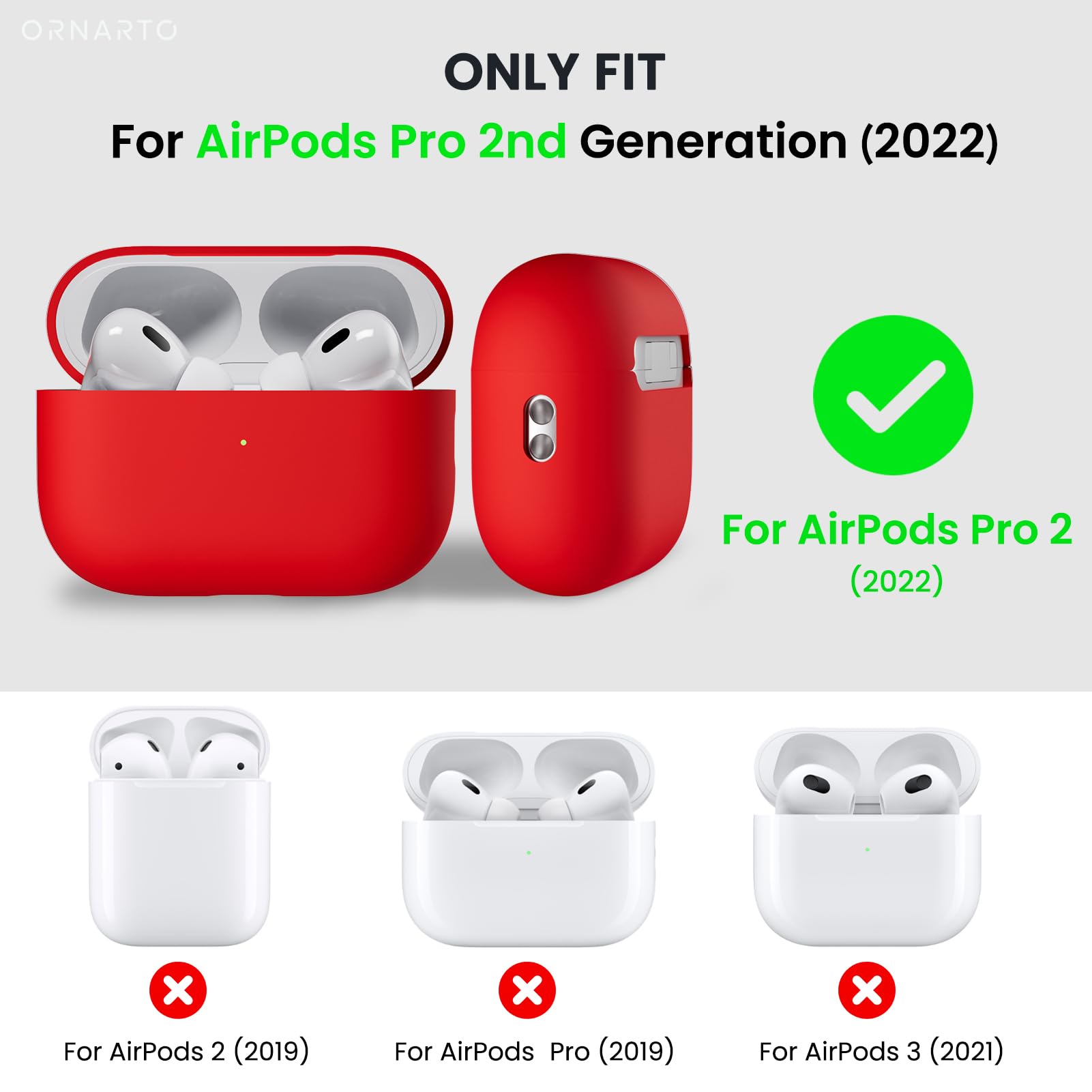 ORNARTO Coque pour AirPods Pro 2 (2022) en Silicone, Protection Antichoc - Rouge