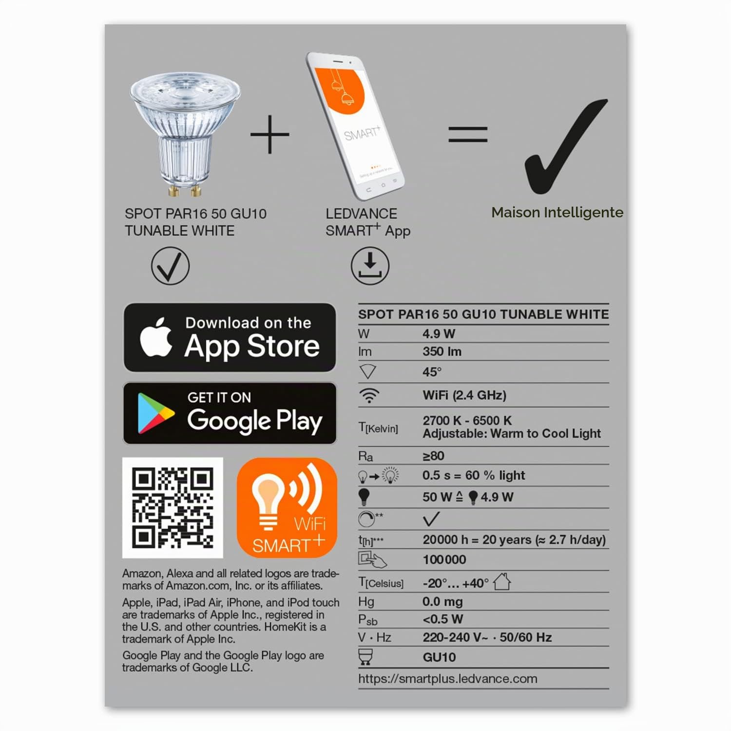 LEDVANCE Lampe à réflecteur LED intelligente avec technologie WiFi, base GU10, couleur de la lumière variable (2700-6500K), dimmable, remplacement 50W, SMART+ WiFi SPOT GU10 Tunable White, paquet de 4